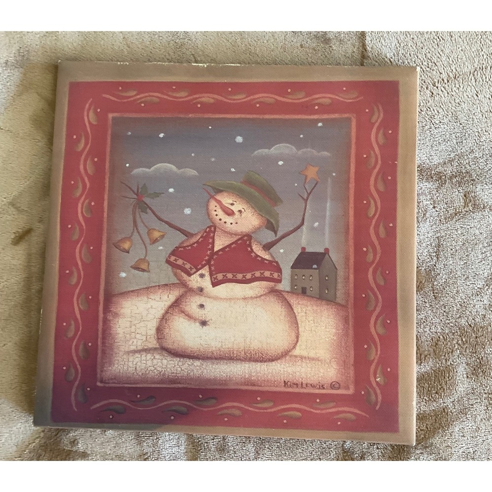 Kim Lewis Primitive Snowman Canvas Wall Art 10x10 Winter Folk Art Decor